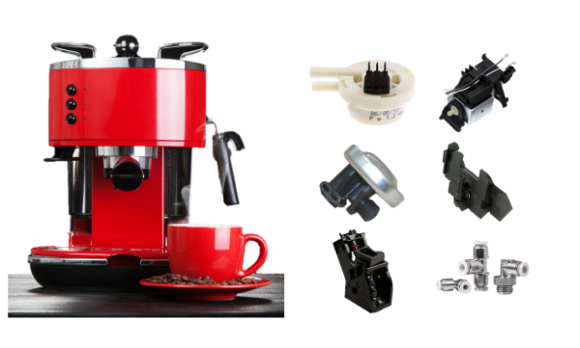 Red coffee machine with brewing unit, connectors, diaphragm regulator, drainage valve and pump