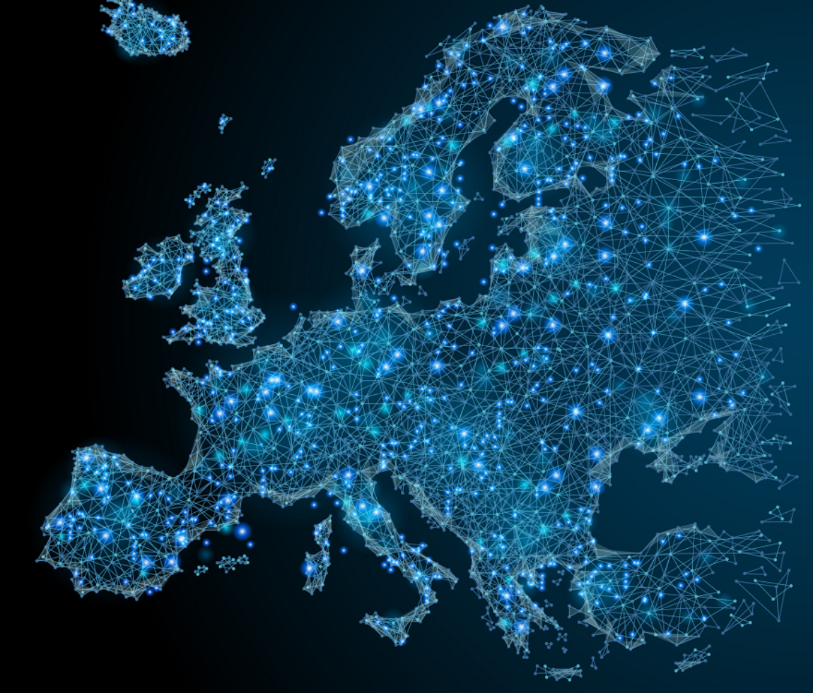 Map of Europe with blue connecting dots and lines