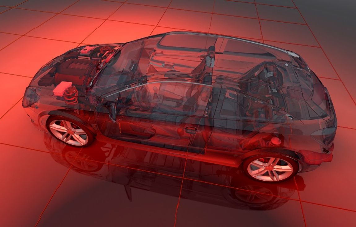 Transparent view on the inner life of a car on red background Transparent view on the inner life of a car on red background
