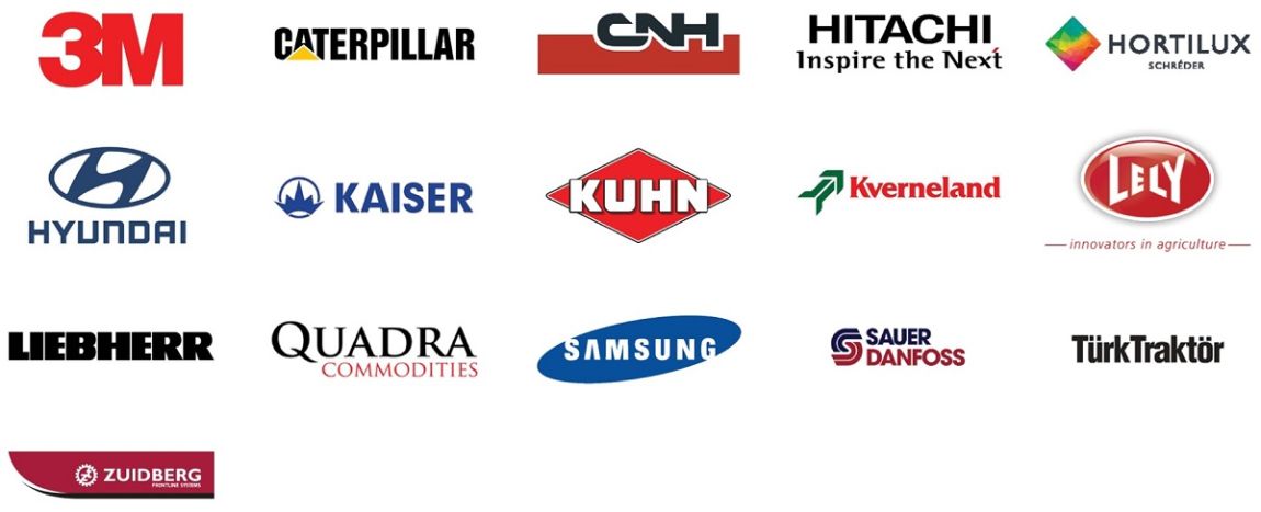 Logos of Angst+Pfister's main customers in the agricultural and construction machinery industry