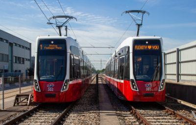 Two Bombardier Flexity Vienna trains in station