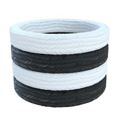 White and black gland packings with braided yarns made of ramie, aramid, PTFE, graphite and carbon fibre