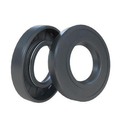 Two black radial shaft seals leaning on each other